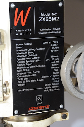 plate Axminster ZX25M2 milling drilling machine for sale