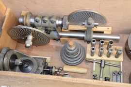 gear Myford dividing head, 3 jaw, 4 jaw chuck, vertical milling slide, collets, etc for sale