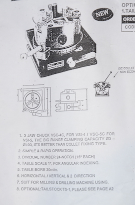 diagram Vertex 4" 100mm rapid indexer VS1-4 rotary table 3 jaw chuck tailstock milling machine for sale